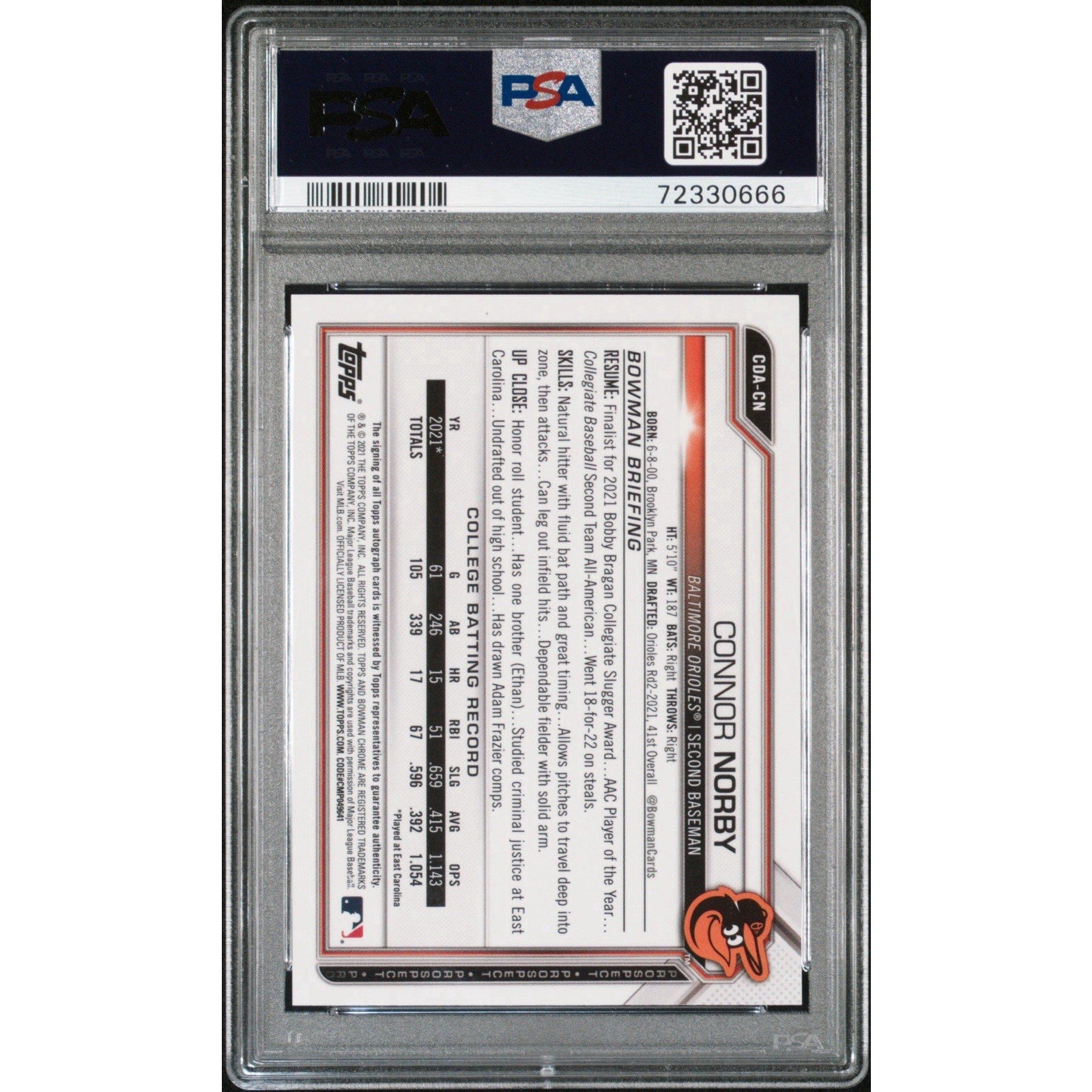 Connor Norby 2021 Bowman Draft 1st Chrome Gold Refractor Auto /50 PSA 9 #CDA-CN