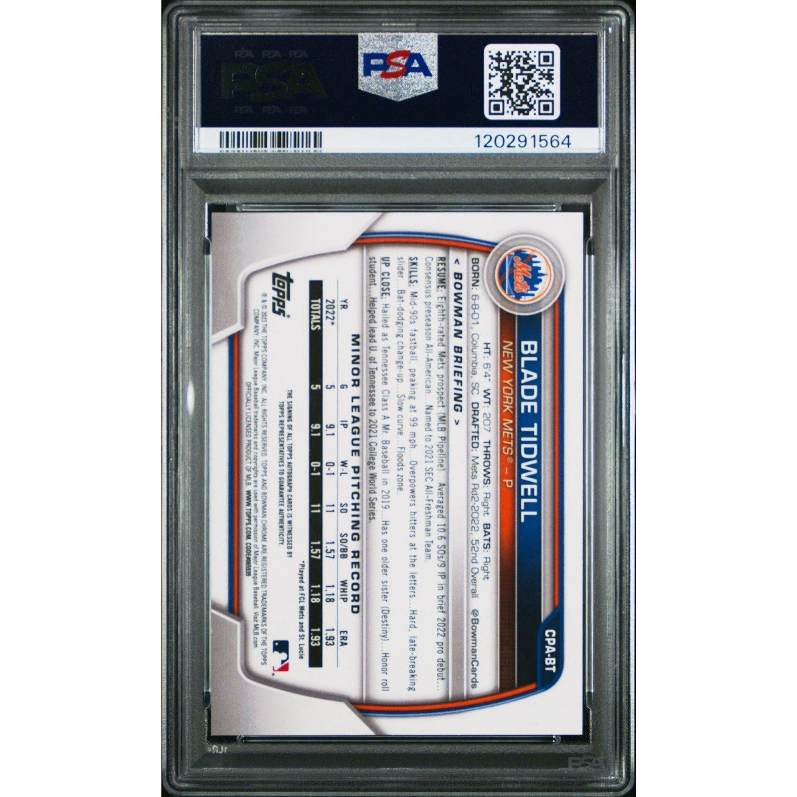 Blade Tidwell 2023 Bowman Chrome Prospect Rookie Auto #CPABT PSA 9 Mets RC