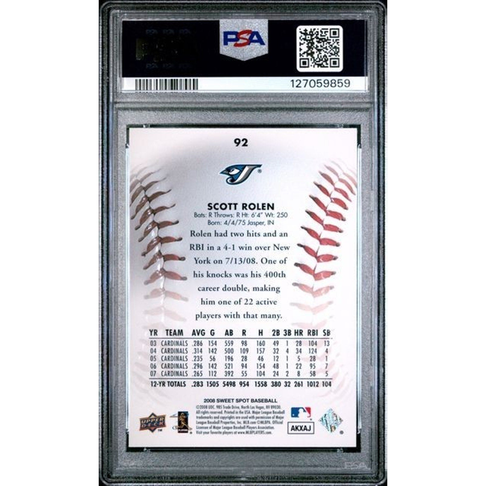 Scott Rolen 2008 Upper Deck Sweet Spot #92 PSA 10 Gem Mint