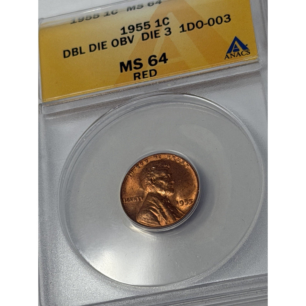 1955 Doubled Die Obverse Lincoln Cent ANACS MS 64 RED DDO Die 3 1DO-003