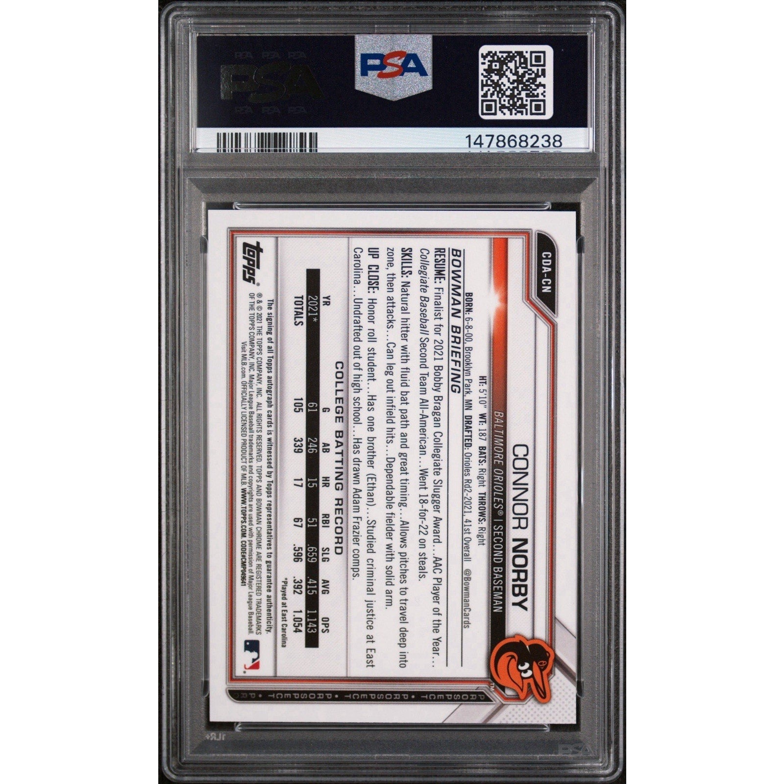 Back of 2021 Bowman Draft Chrome Connor Norby Purple Refractor auto card PSA 10 slabbed by PSA