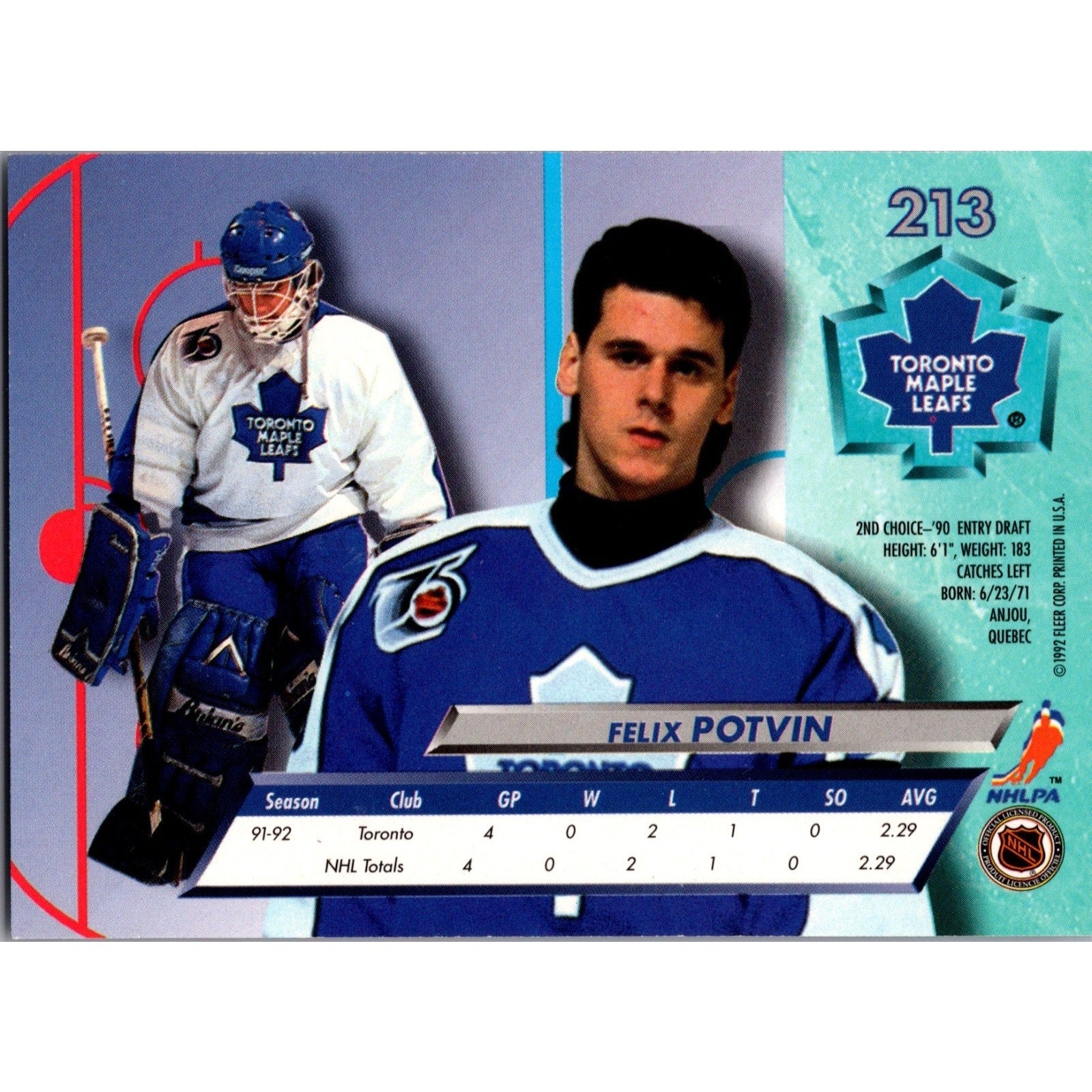 Felix Potvin 1992-93 Fleer Ultra Rookie Card RC #213 Toronto Maple Leafs