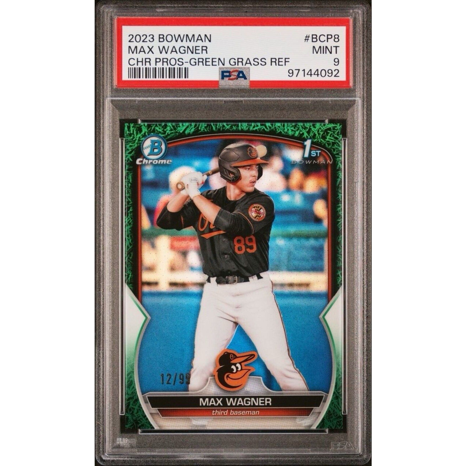 Max Wagner 2023 Bowman Chrome Prospect Green Grass /99 Refractor Orioles PSA 9
