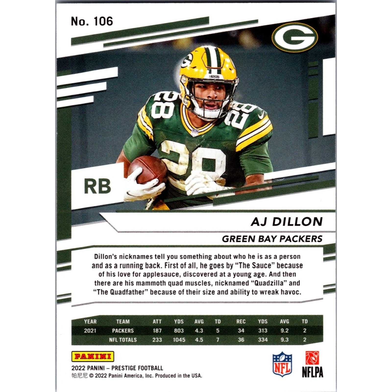 2022 Panini Prestige Xtra Points Blue /299 AJ Dillon #106 Green Bay Packers