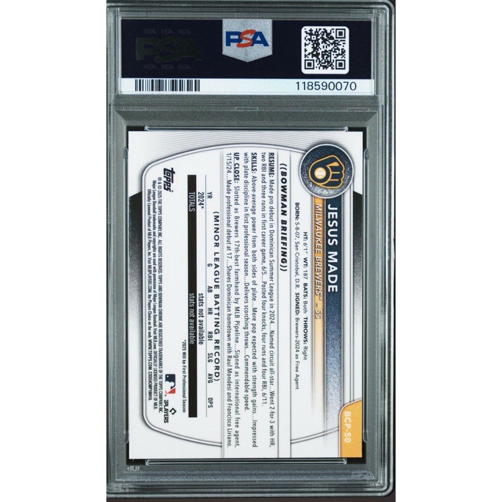 2025 Bowman Chrome Jesus Made Aqua X-Fractor /125 PSA 9 #BCP-50 RC Prospects