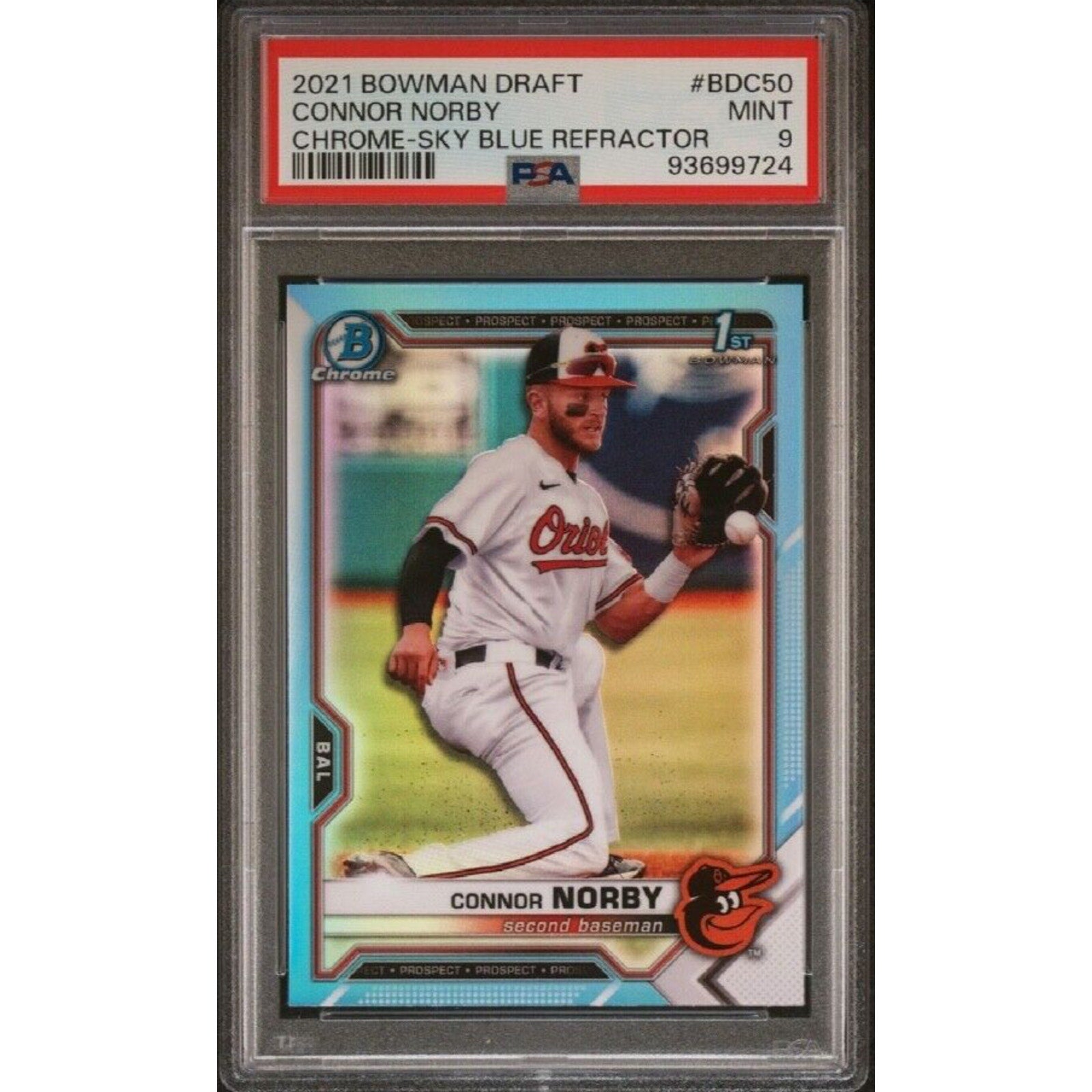 2021 1st Bowman Chrome Connor Norby Sky Blue Refractor #BDC50 PSA 9 Rookie RC