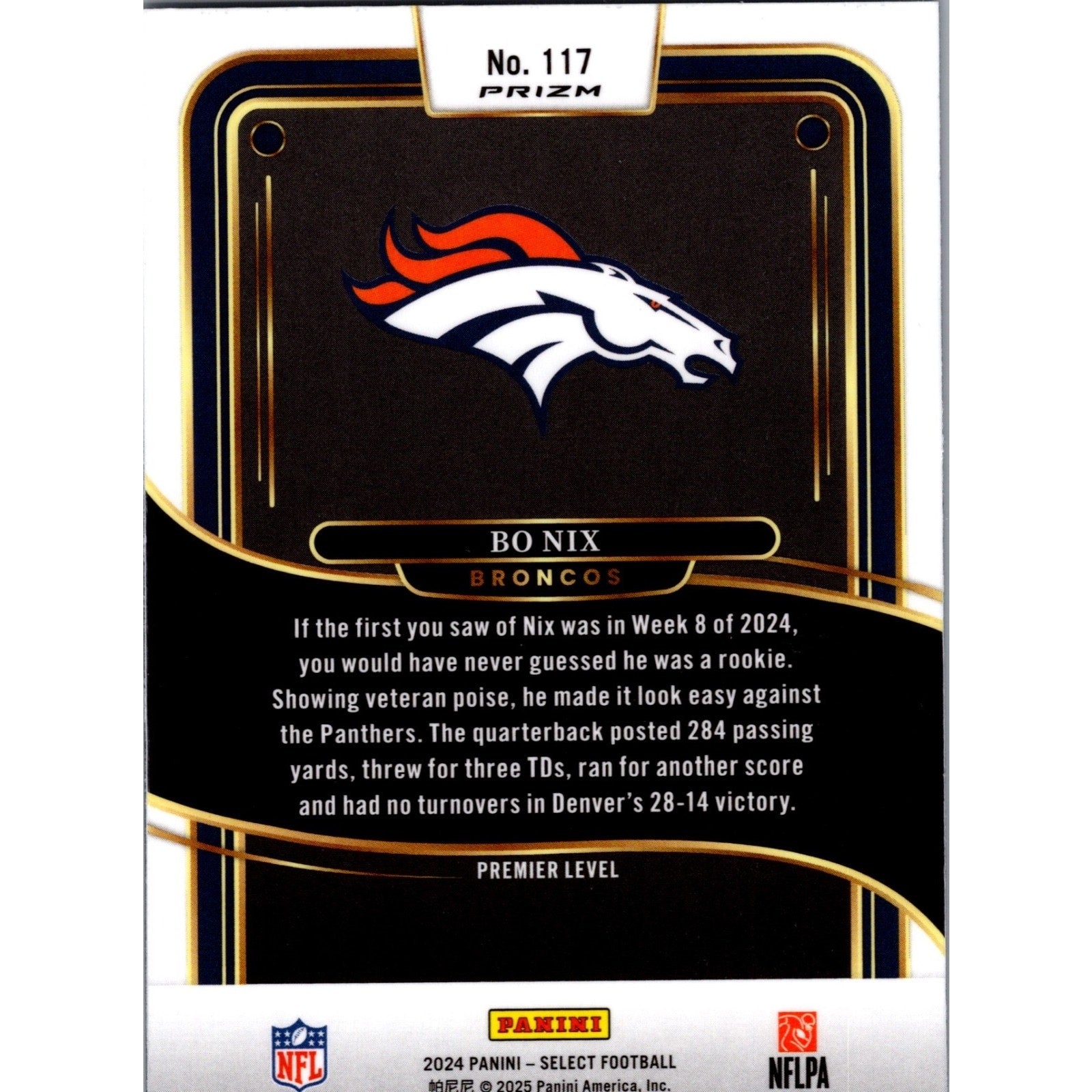 Bo Nix 2024 Panini Select Premier Level #117 Rookie Black & Green Shock Prizm RC