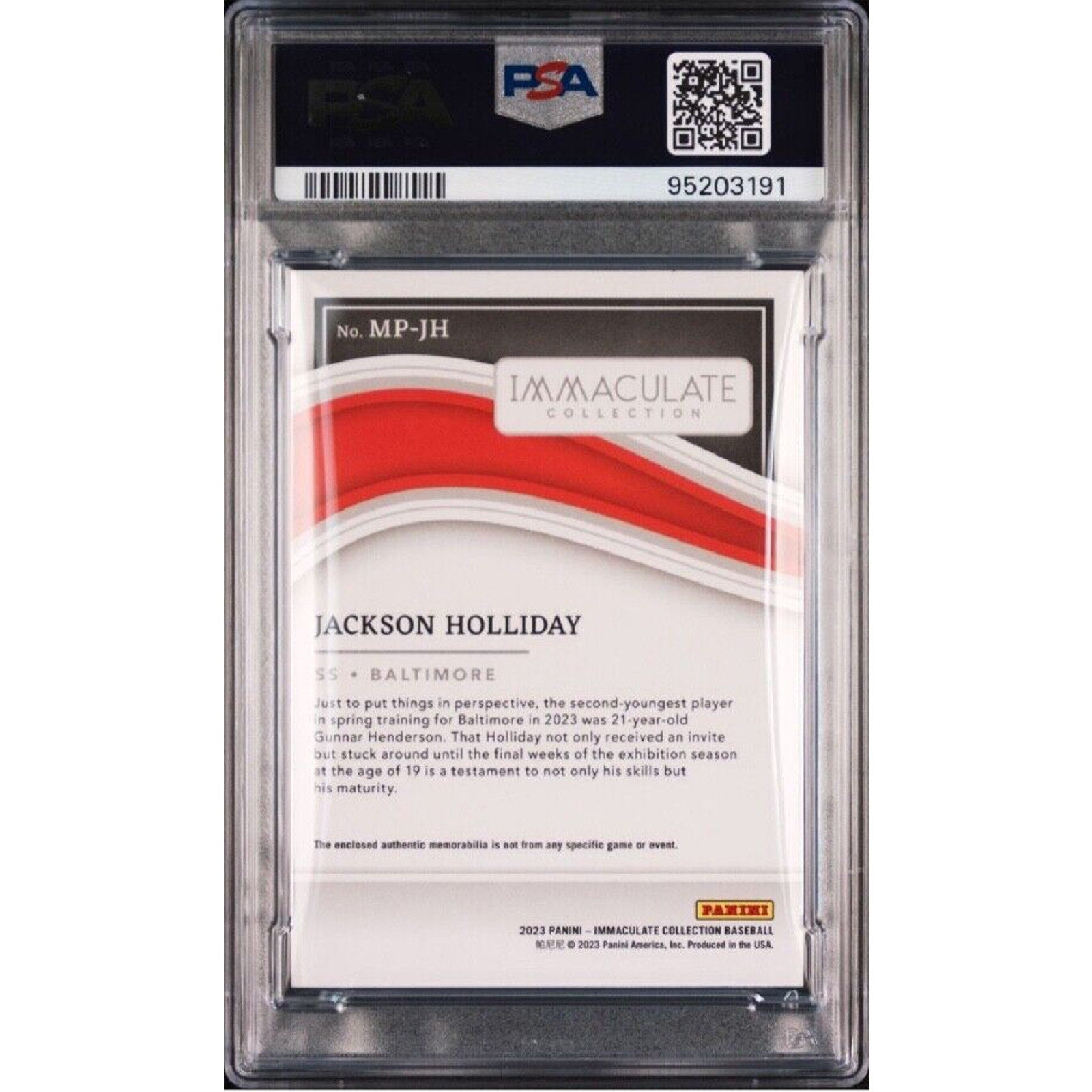 2023 Immaculate Collection Jackson Holliday Rookie Jersey Logo 1/1 MPJH PSA