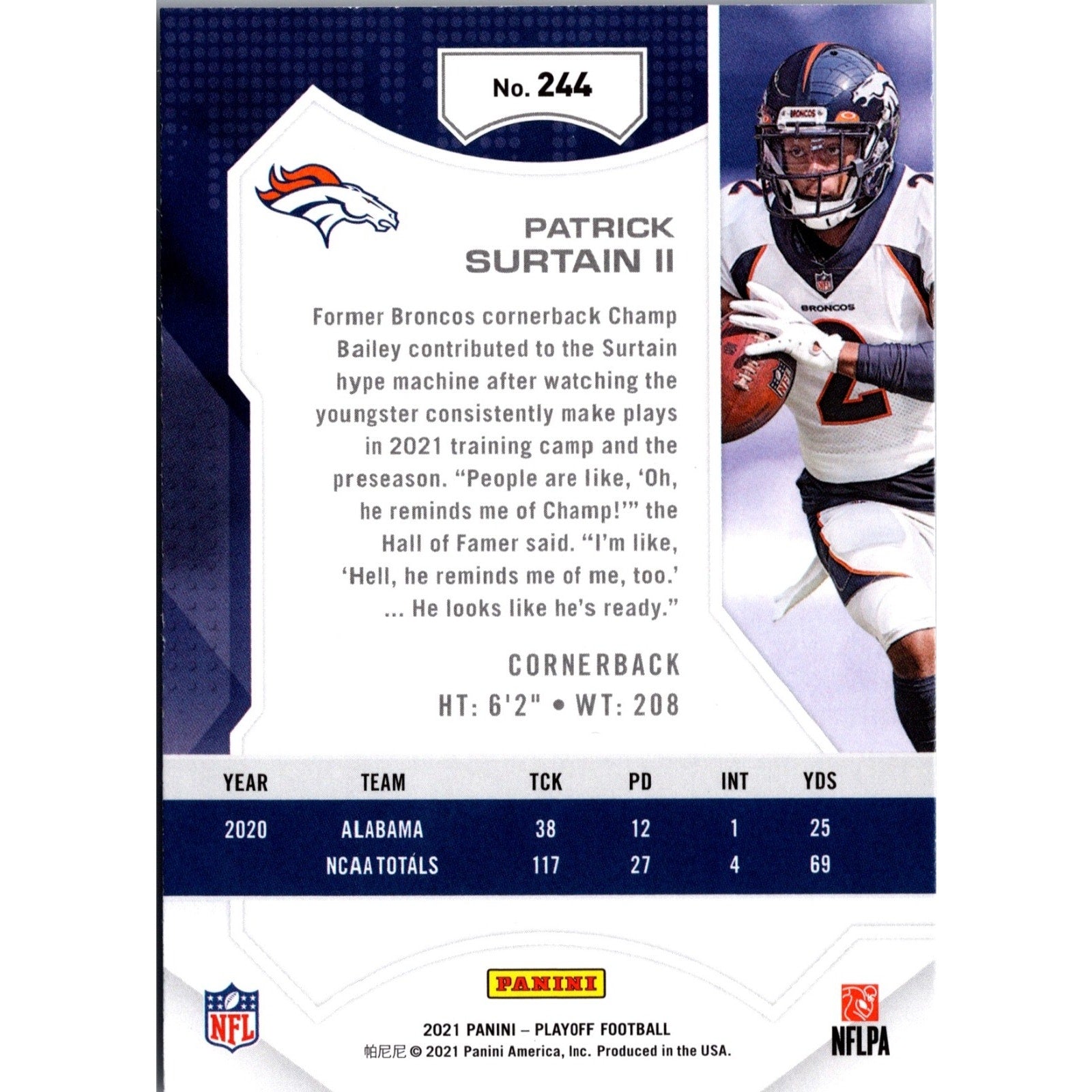 Patrick Surtain II 2021 Panini Playoff #244 RC Denver Broncos DPOY