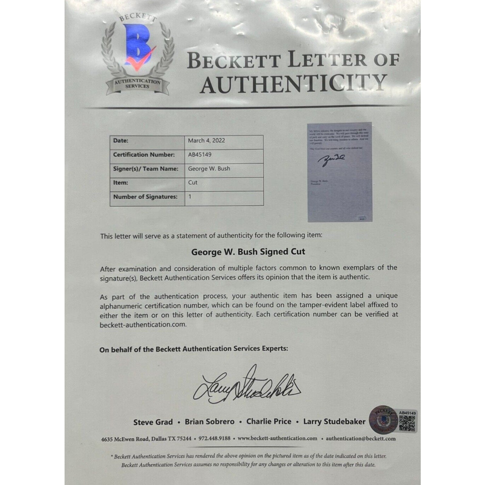 43 President George W Bush USA Signed Speech Operation Iraqi Freedom Beckett COA