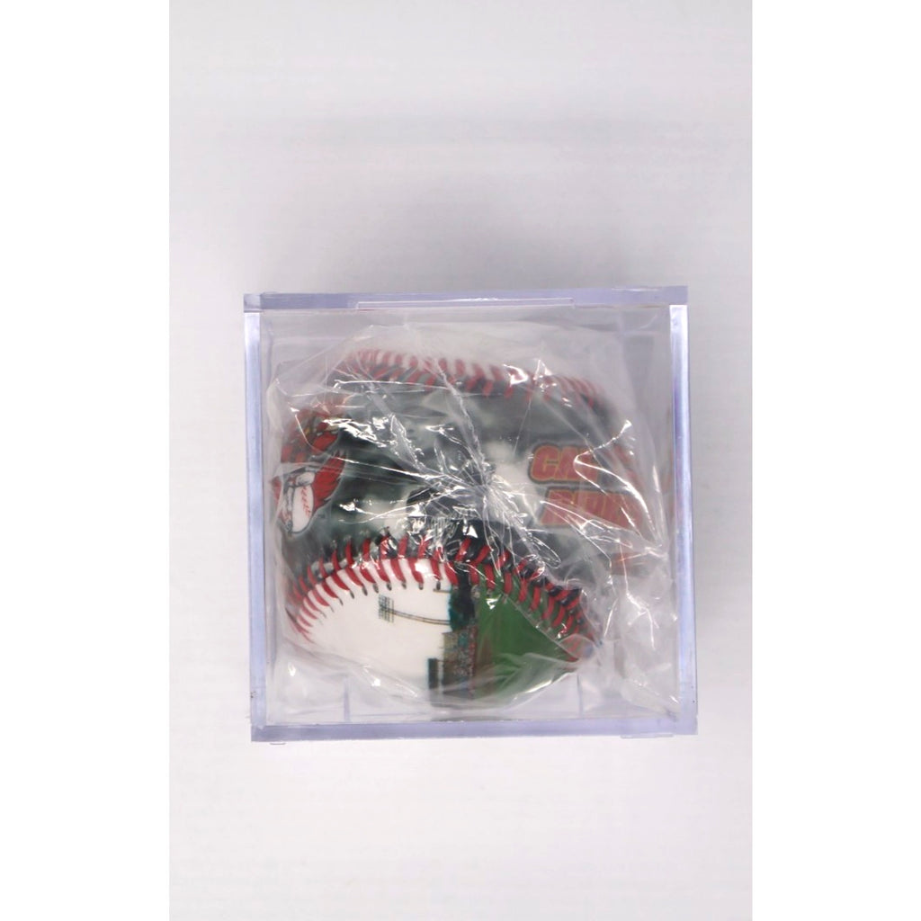 Side perspective of Rochester Red Wings Cal Ripken Jr Fotoball in plastic case