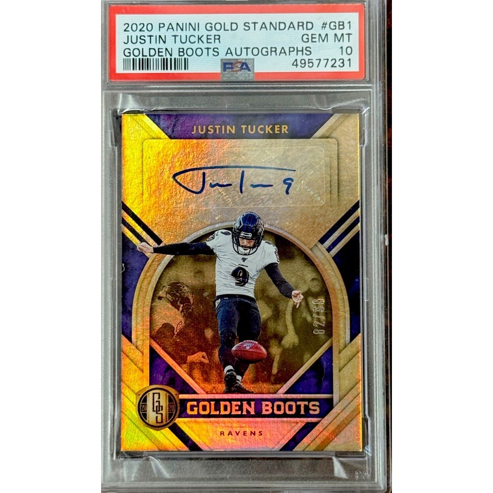 2020 Panini Gold Standard Justin Tucker Golden Boots Auto #GB1 Ravens /99 PSA 10
