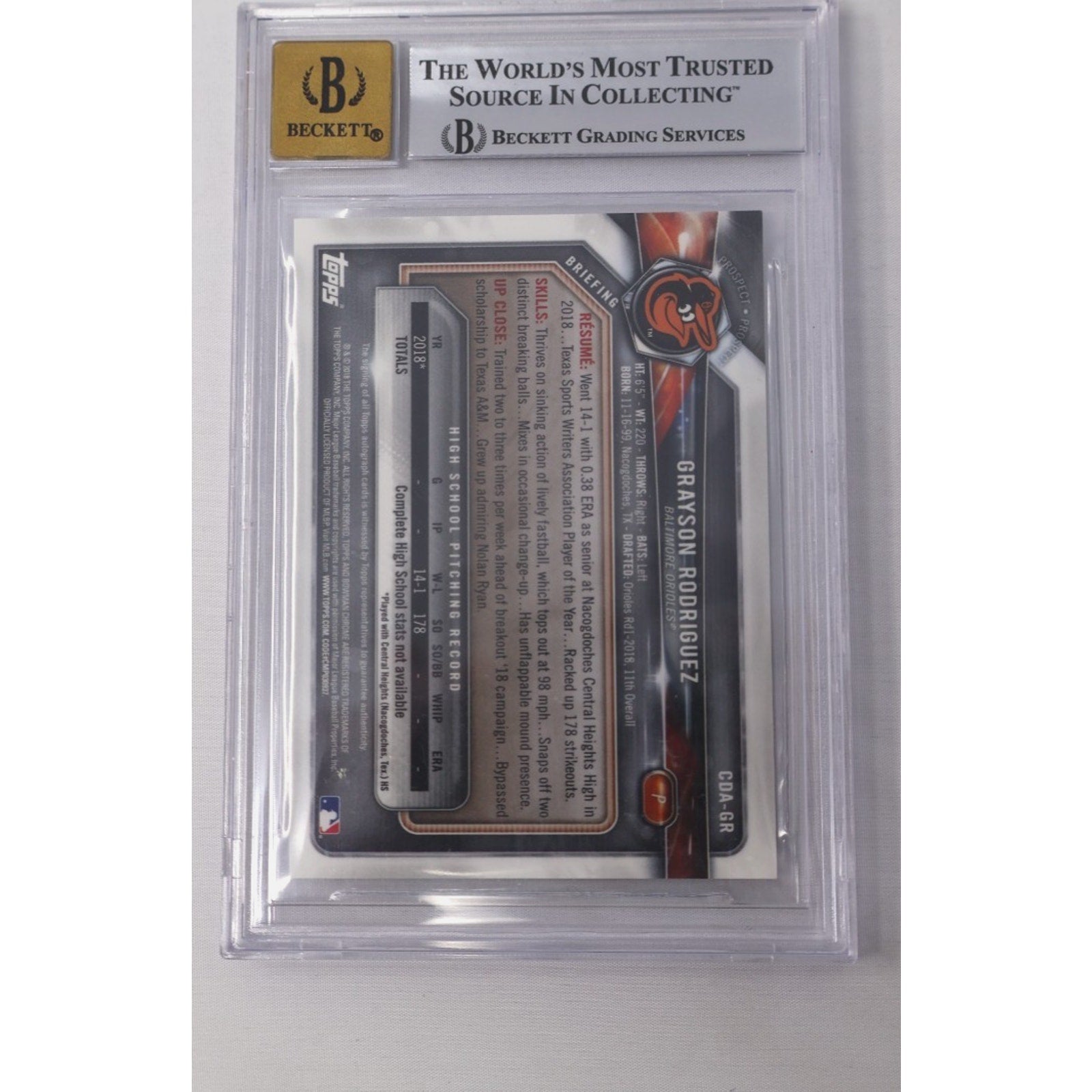 Grayson Rodriguez 2018 Bowman Chrome Draft #CDAGR Auto BGS Auto 10