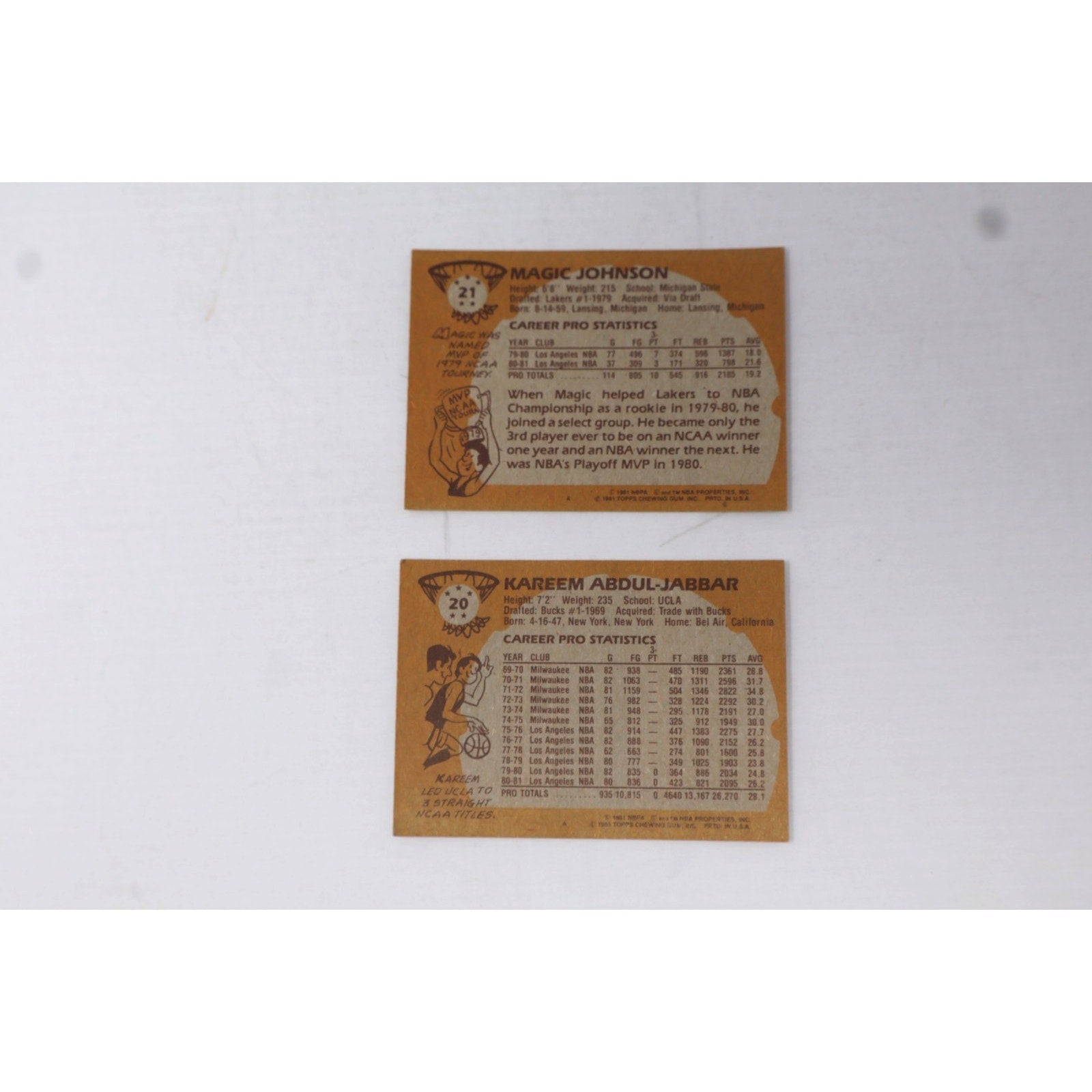 Lot Of 2 1981 Topps Basketball Kareem Abdul Jabbar #20/Magic Johnson #21