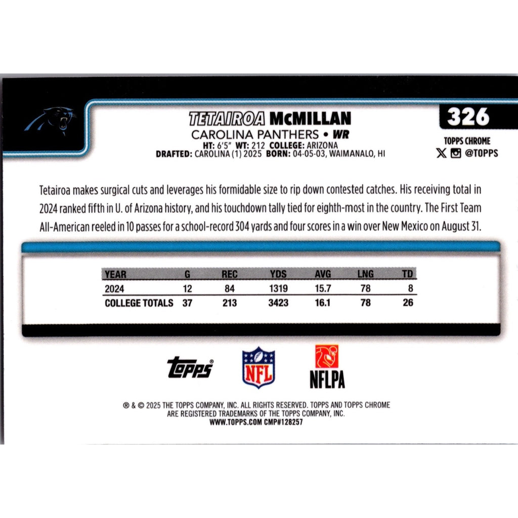 Back of 2025 Topps Chrome Football #326 Tetairoa McMillan rookie card Red White Blue parallel