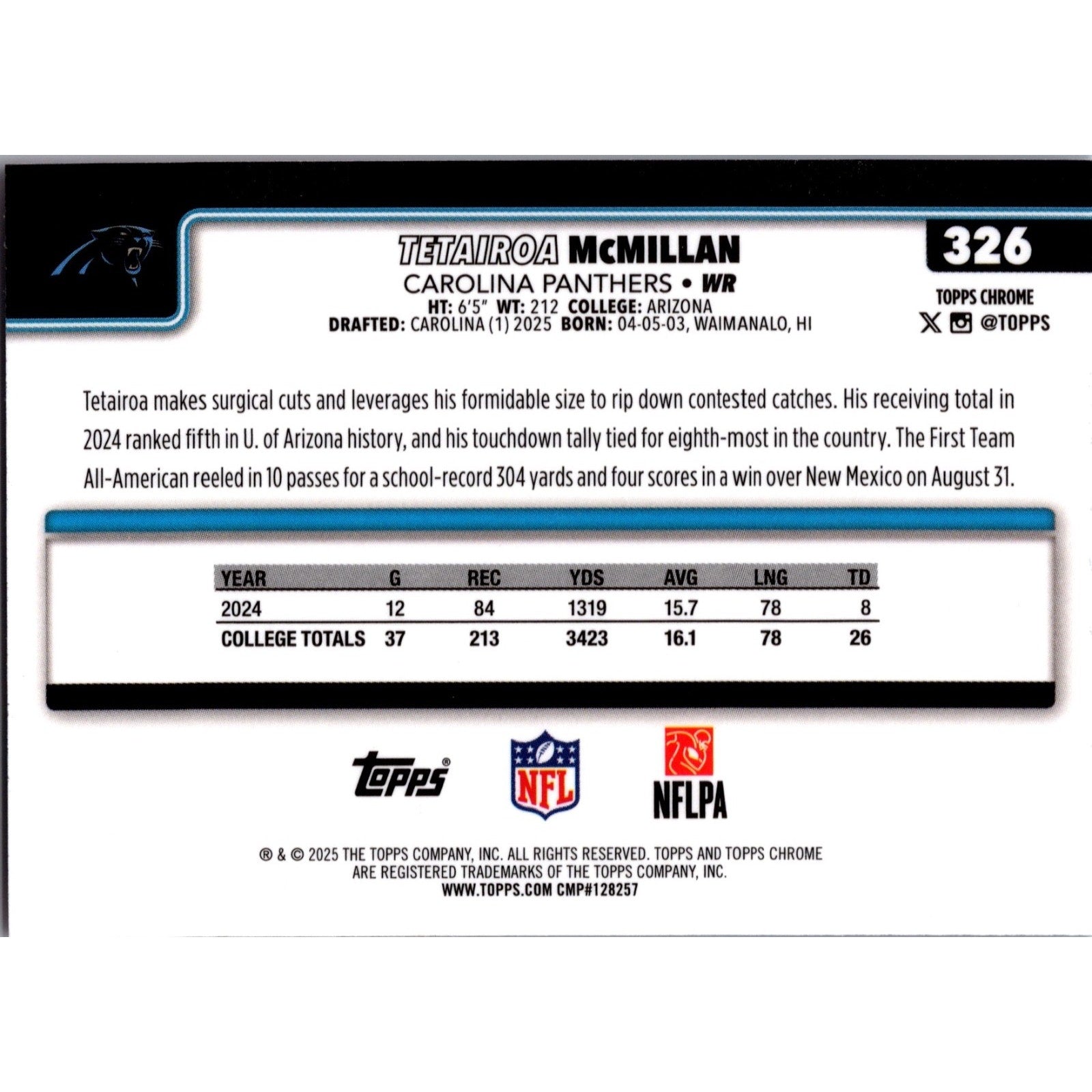 Tetairoa McMillan 2025 Topps Chrome Football Rookie #326 RC Red White Blue