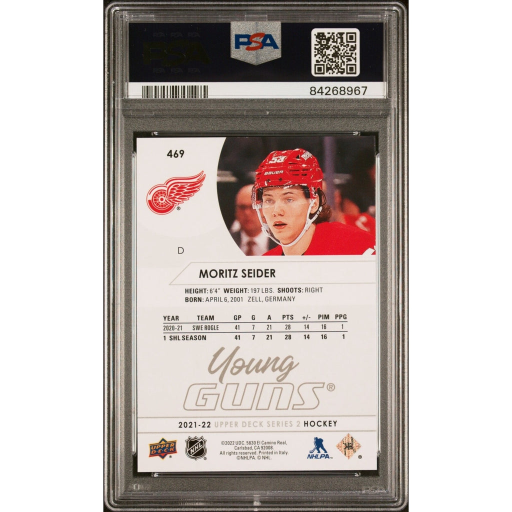 Moritz Seider 2021-22 Upper Deck Young Guns RC Rookie Card #469 PSA 9 Mint