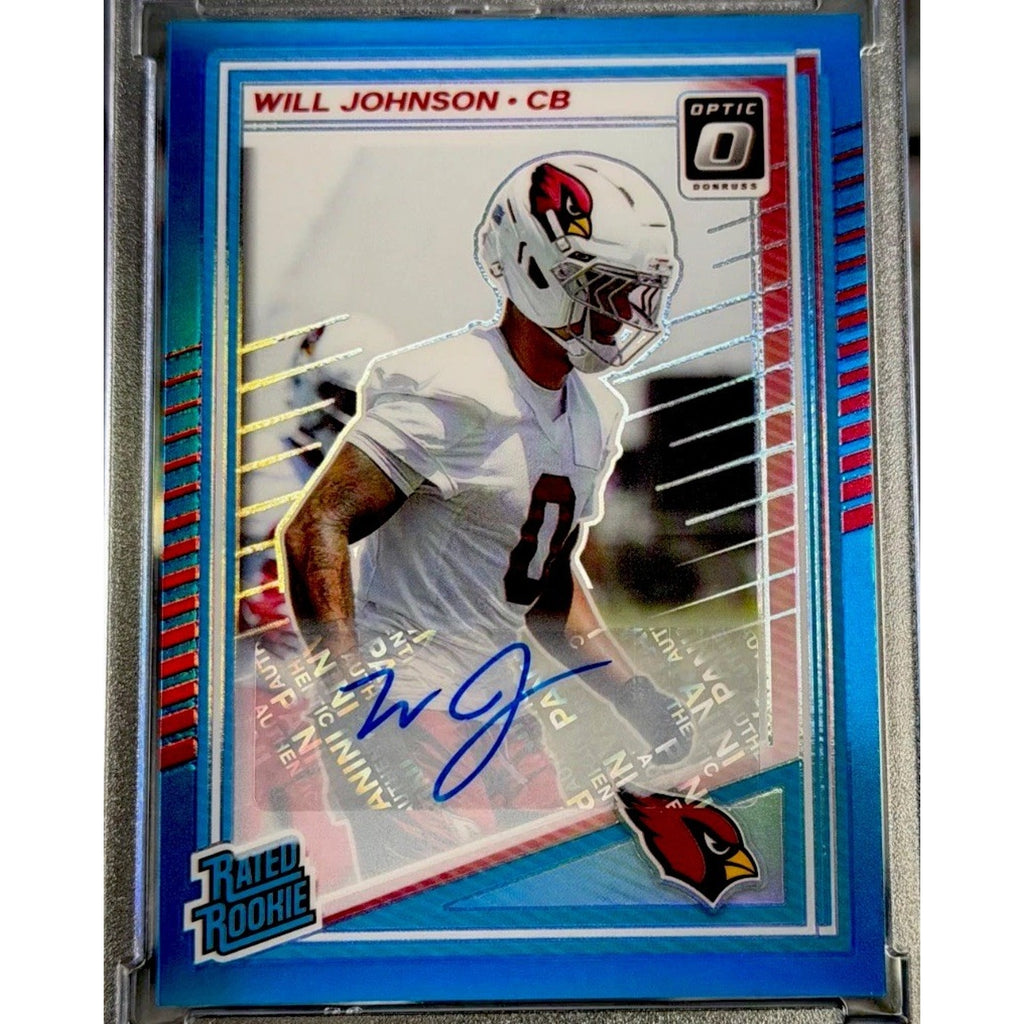 Collectible sports trading card of Will Johnson with a blue border and signature