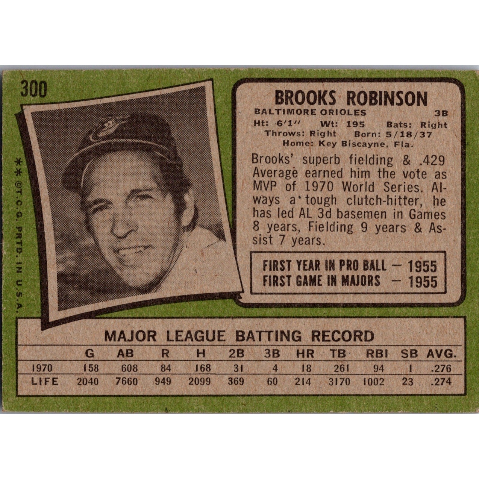 1971 Topps Brooks Robinson #300 baseball card back featuring player statistics, career highlights, and biography information