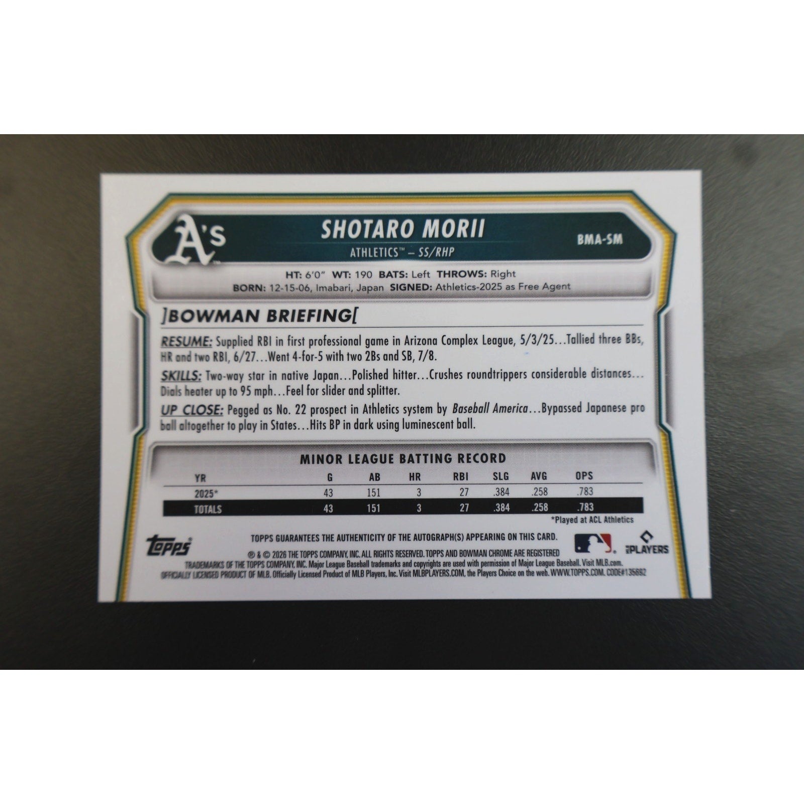 Shotaro Morii 2026 Bowman Chrome Silver Mojo Refractor RC Auto #BMA-SM Mint