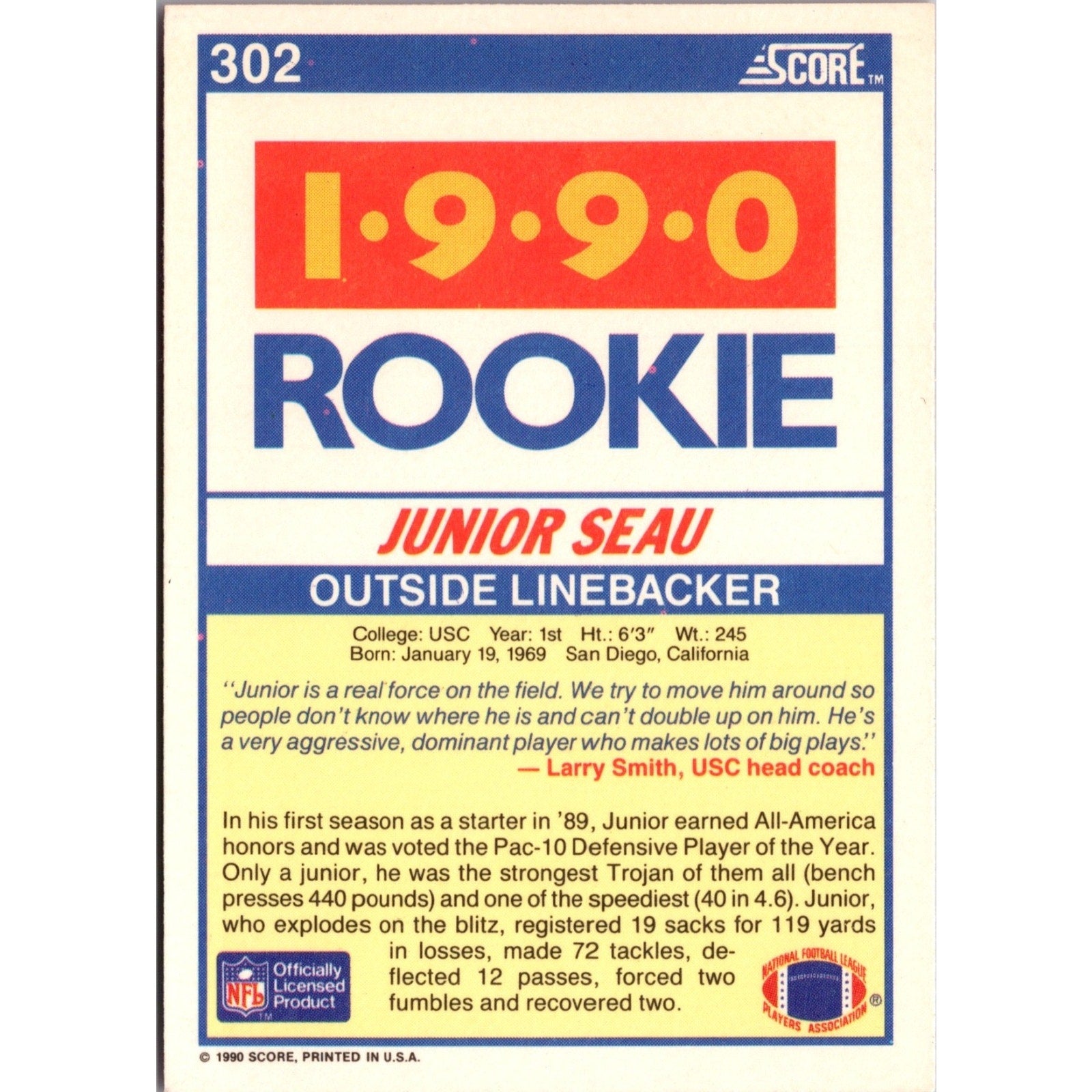 Junior Seau - 1990 Score #302 RC - San Diego Chargers Rookie Football Card