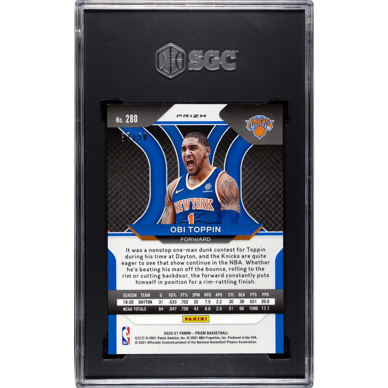 Obi Toppin 2021 Panini Pink Fast Break Prizm RC /50 #280 SGC Graded 9 MT