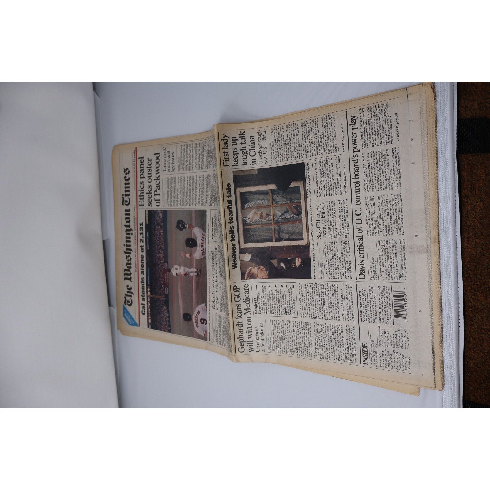 Cal Ripken Jr Ties+Breaks Streak The Washington Times Full Newspapers Set Of 2