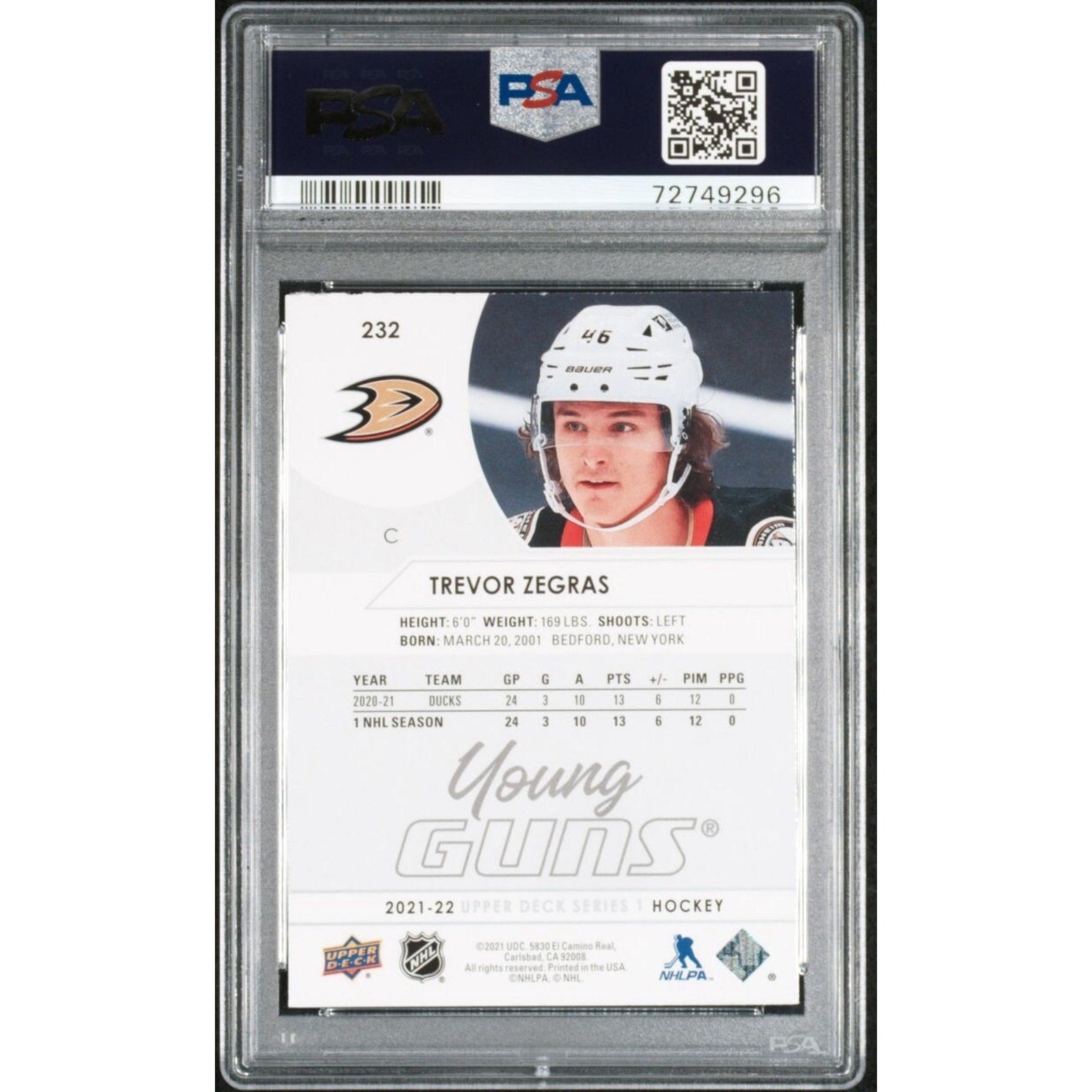 Trevor Zegras 2021 Upper Deck Young Guns #232 Rookie RC PSA Anaheim Ducks
