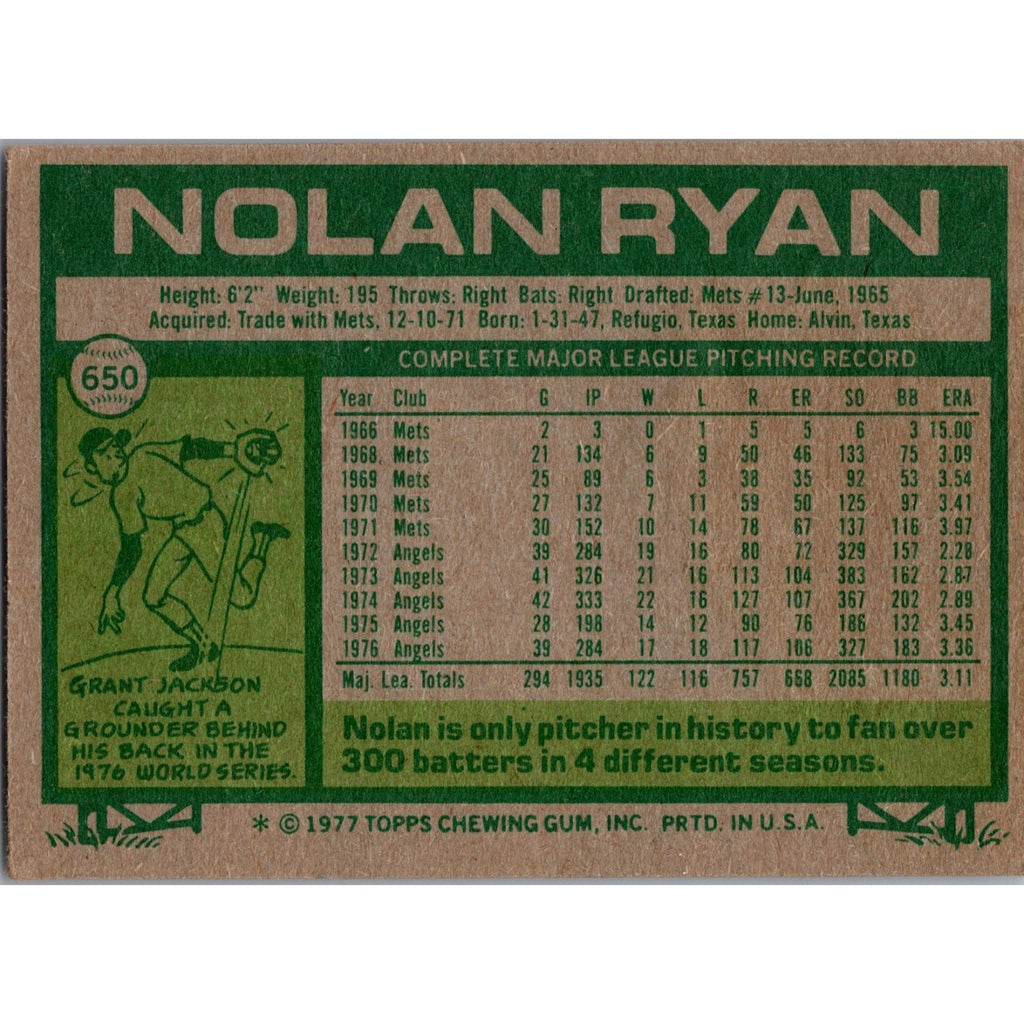 Nolan Ryan 1977 Topps #650 California Angels EX+ Off Center
