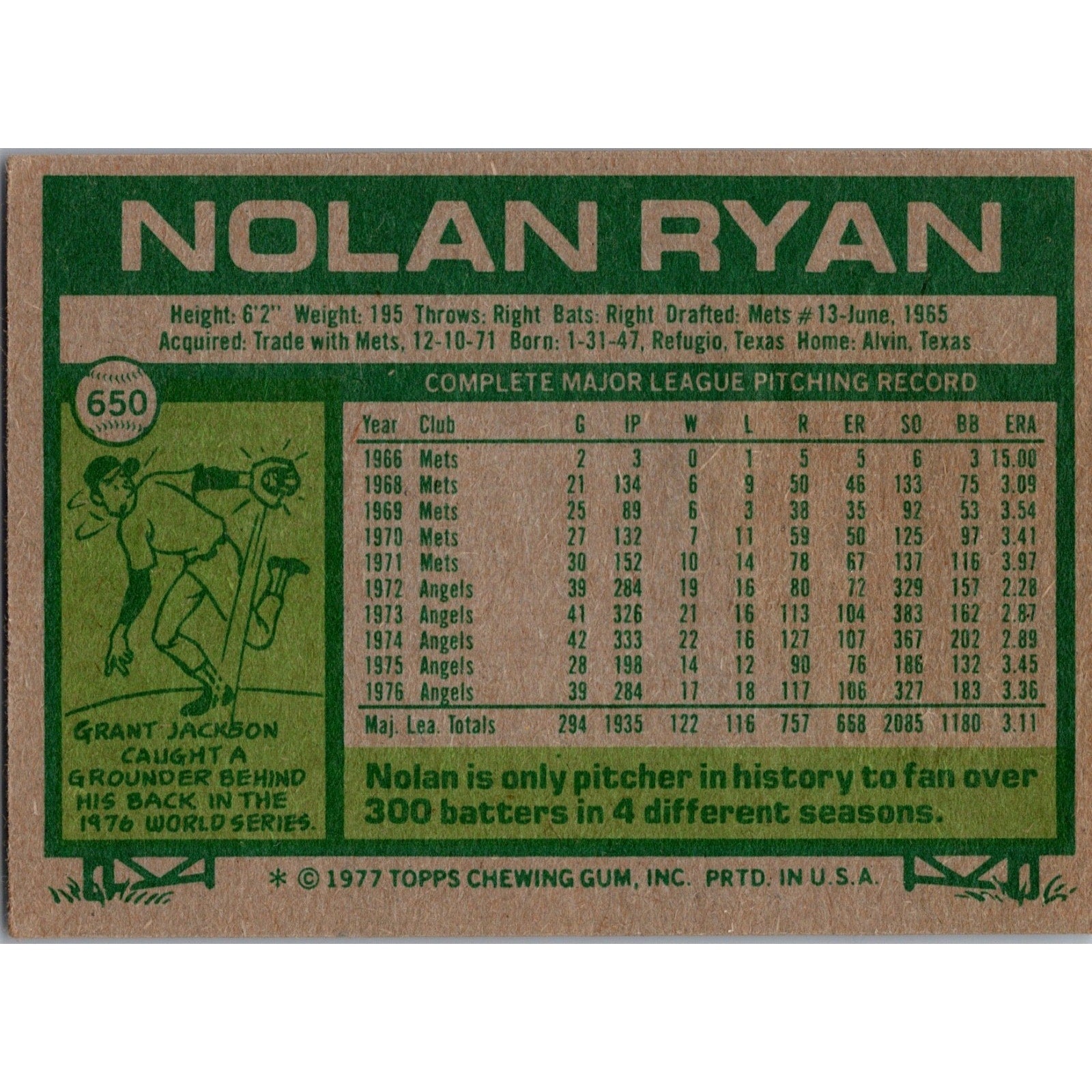 Nolan Ryan 1977 Topps #650 California Angels EX+ Off Center