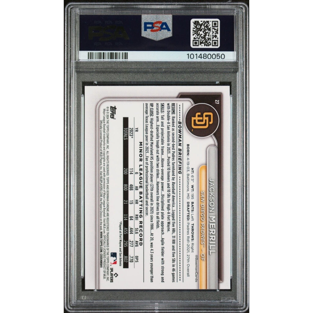 2024 Bowman Chrome Jackson Merrill Baseball Rookie Card PSA 10 San Diego Padres