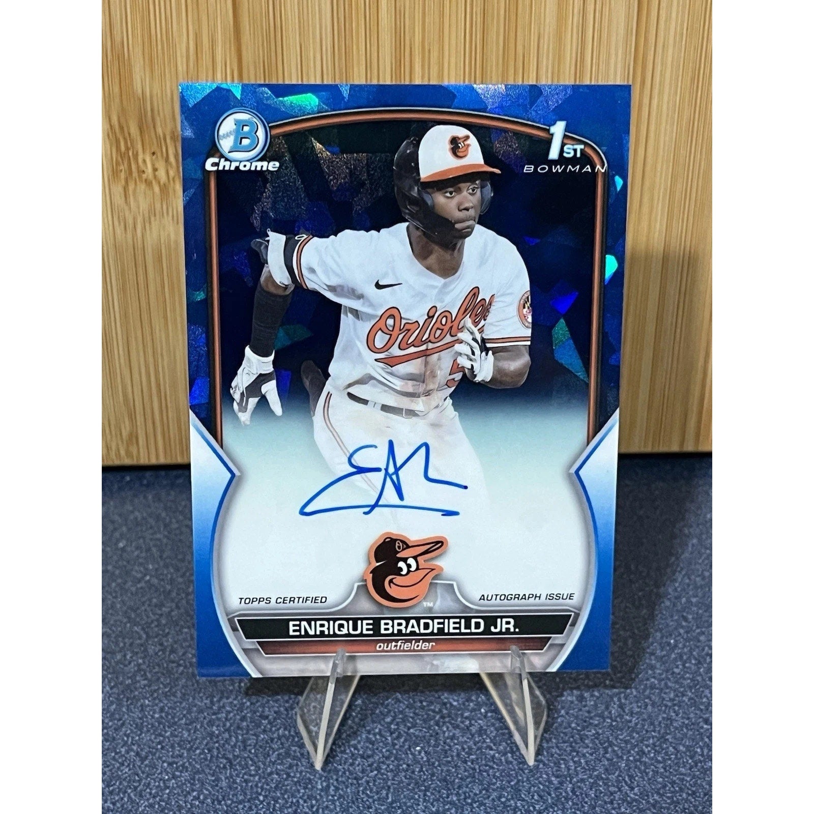 2023 Bowman Sapphire Enrique Bradfield Jr. 1st Bowman Blue autograph card numbered to 199 featuring Baltimore Orioles prospect