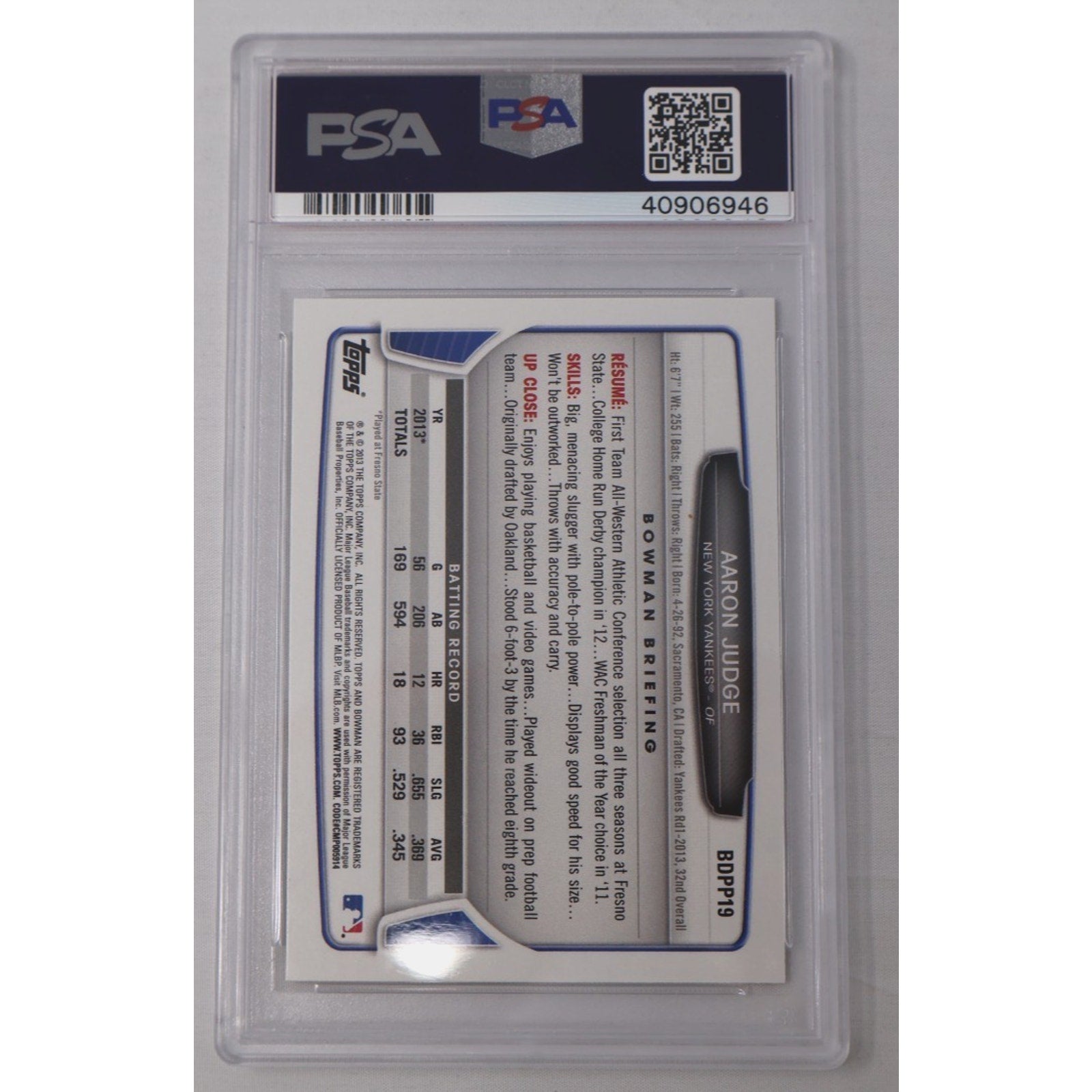 Aaron Judge 2013 Bowman Draft Picks & Prospects #BDPP-19 PSA 10 Gem Mint