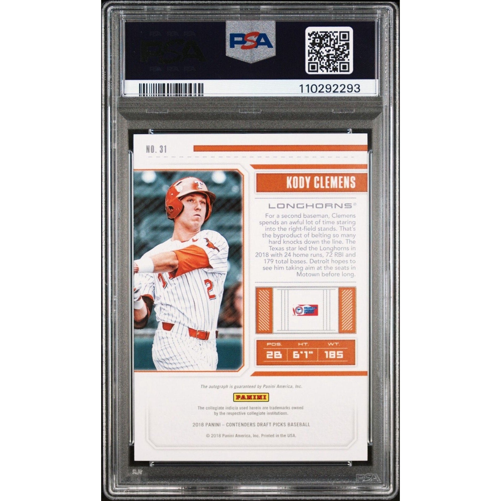 2018 Panini Contenders Draft Pick Auto Ticket #31 Kody Clemens /99 PSA 10 POP 2