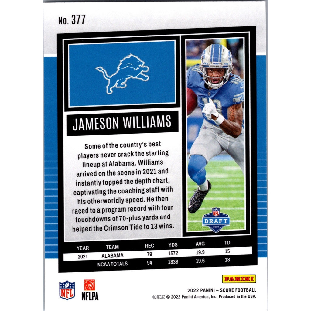 Jameson Williams Rookie Card #377 Panini Score 2022 NFL Detroit Lions (RC)