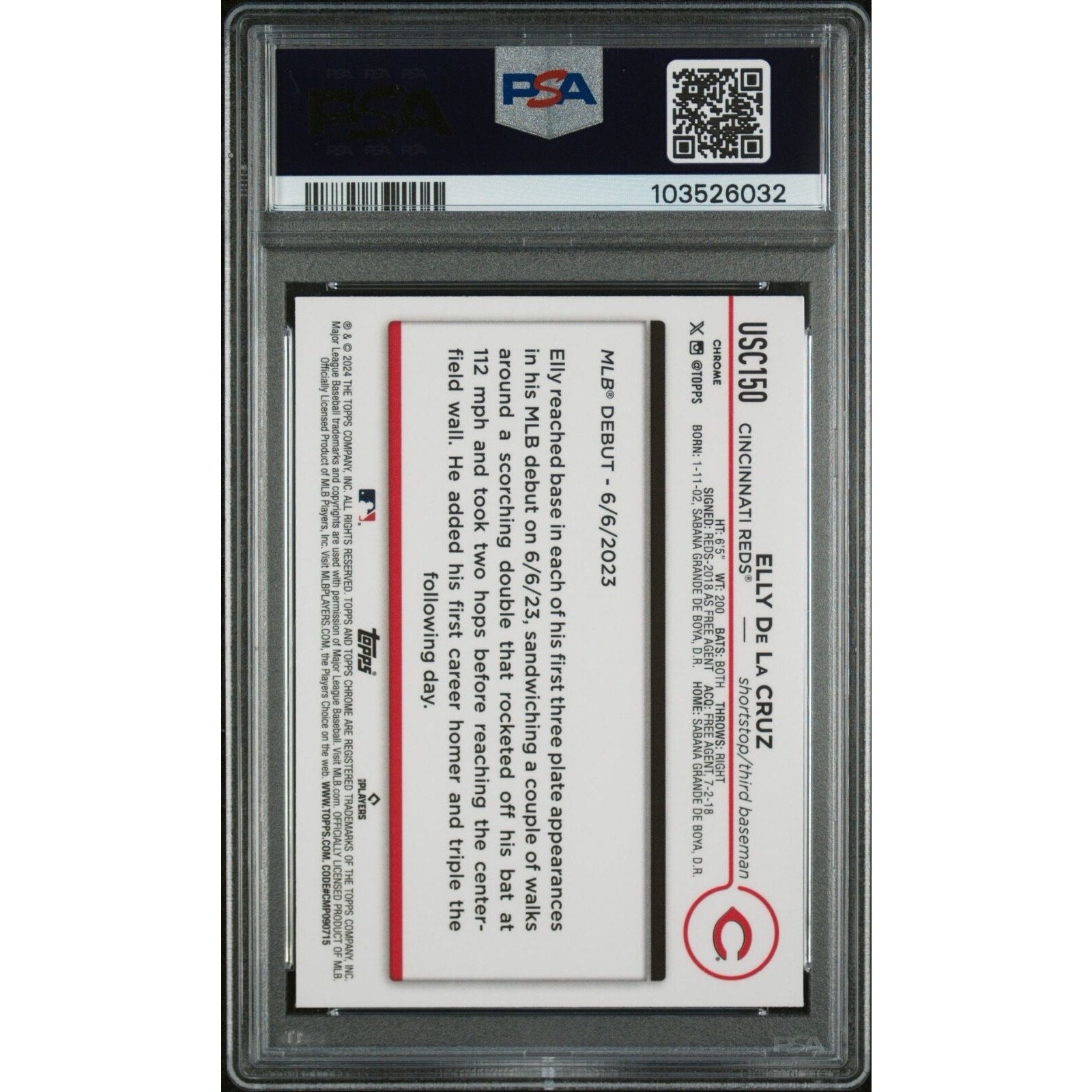 Elly De La Cruz 2024 Topps Chrome Update # USC150 RC Rookie PSA 9 Mint Reds MLB