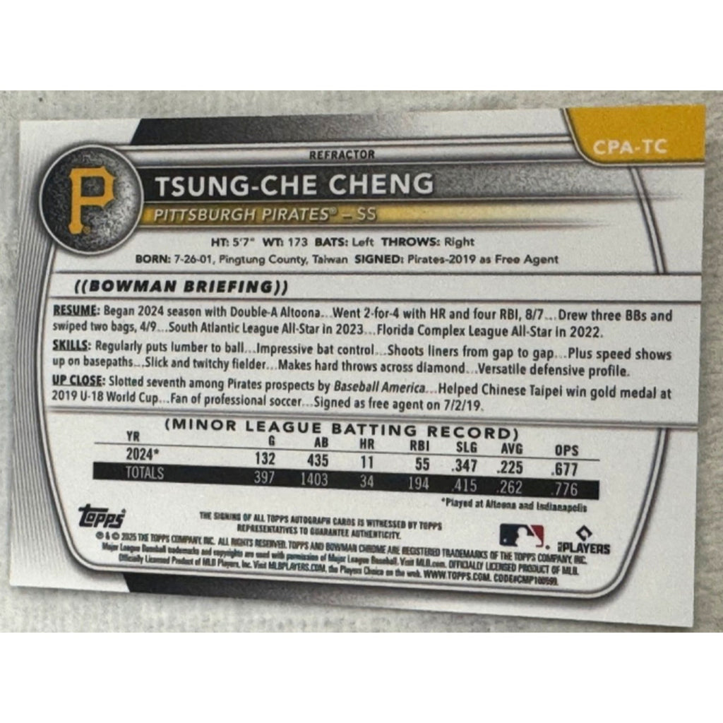 TSUNG-CHE CHENG 2025 BOWMAN CHROME 1ST AUTO REFRACTOR /499 #CPA-TC ROOKIE RC MLB
