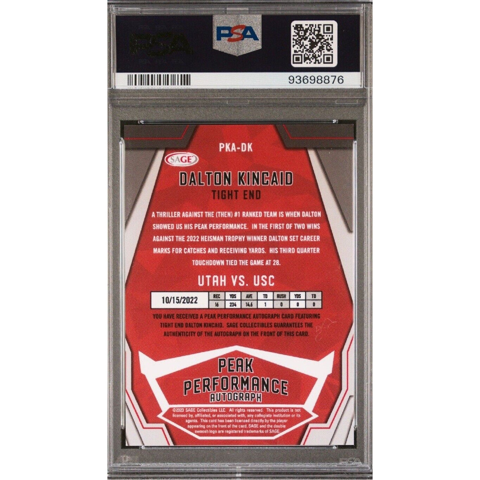 2023 Sage High Series Peak Performance Dalton Kincaid Auto 1/1 Blue PSA 9 Bills