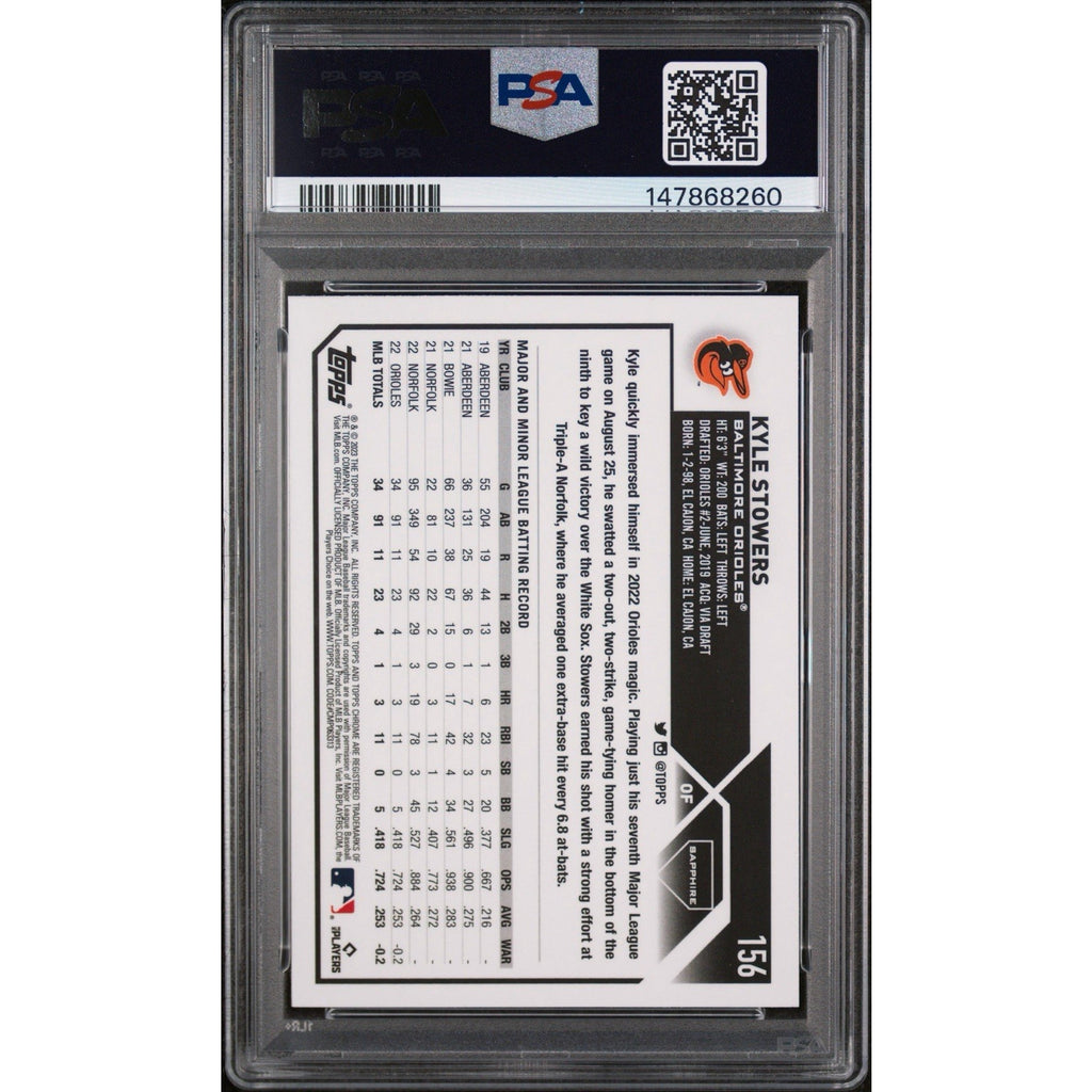 2023 Topps Chrome Sapphire Kyle Stowers #156 PSA 10 Gem Mint rookie card back displaying player statistics and card information