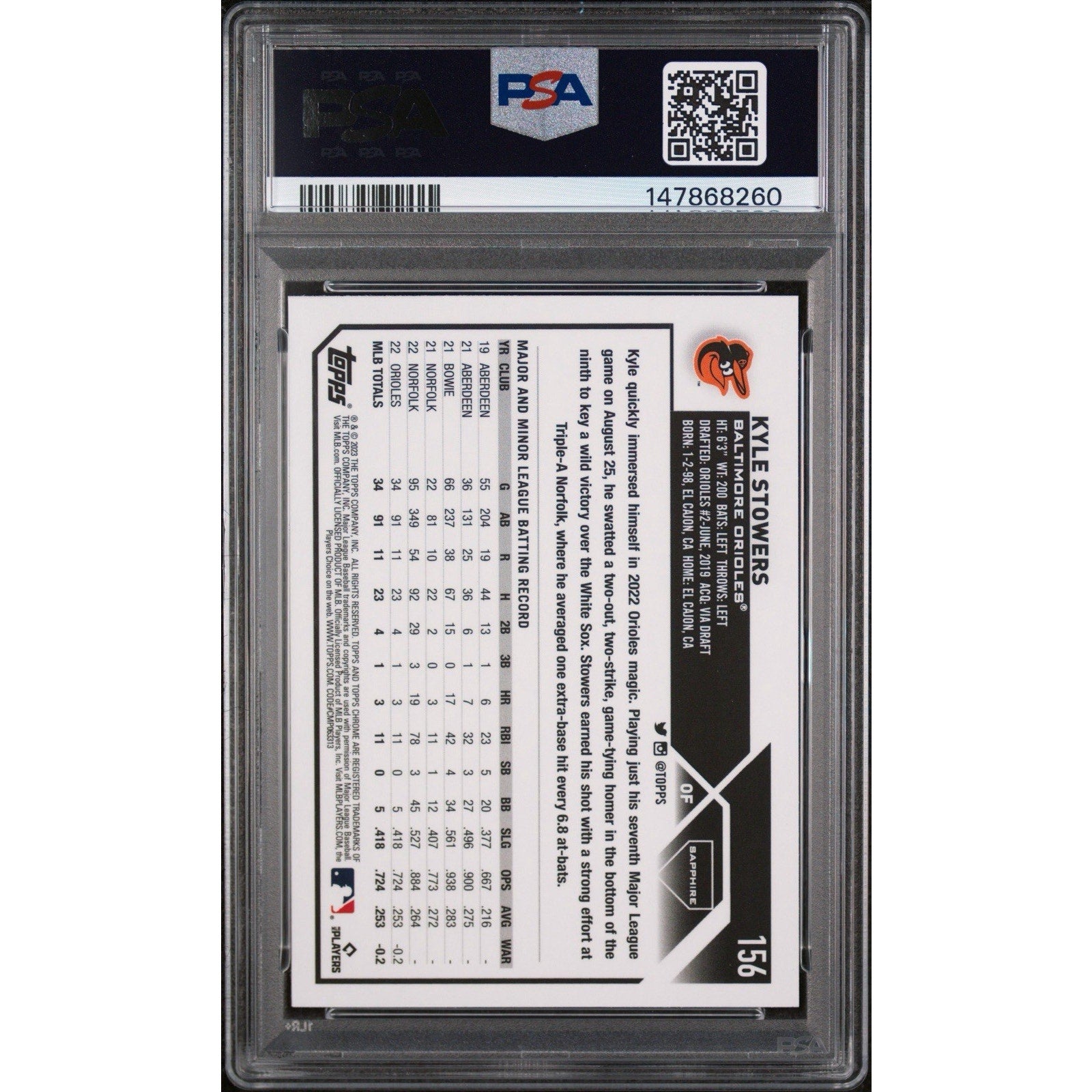 2023 Topps Chrome Sapphire Kyle Stowers #156 PSA 10 Gem Mint rookie card back displaying player statistics and card information