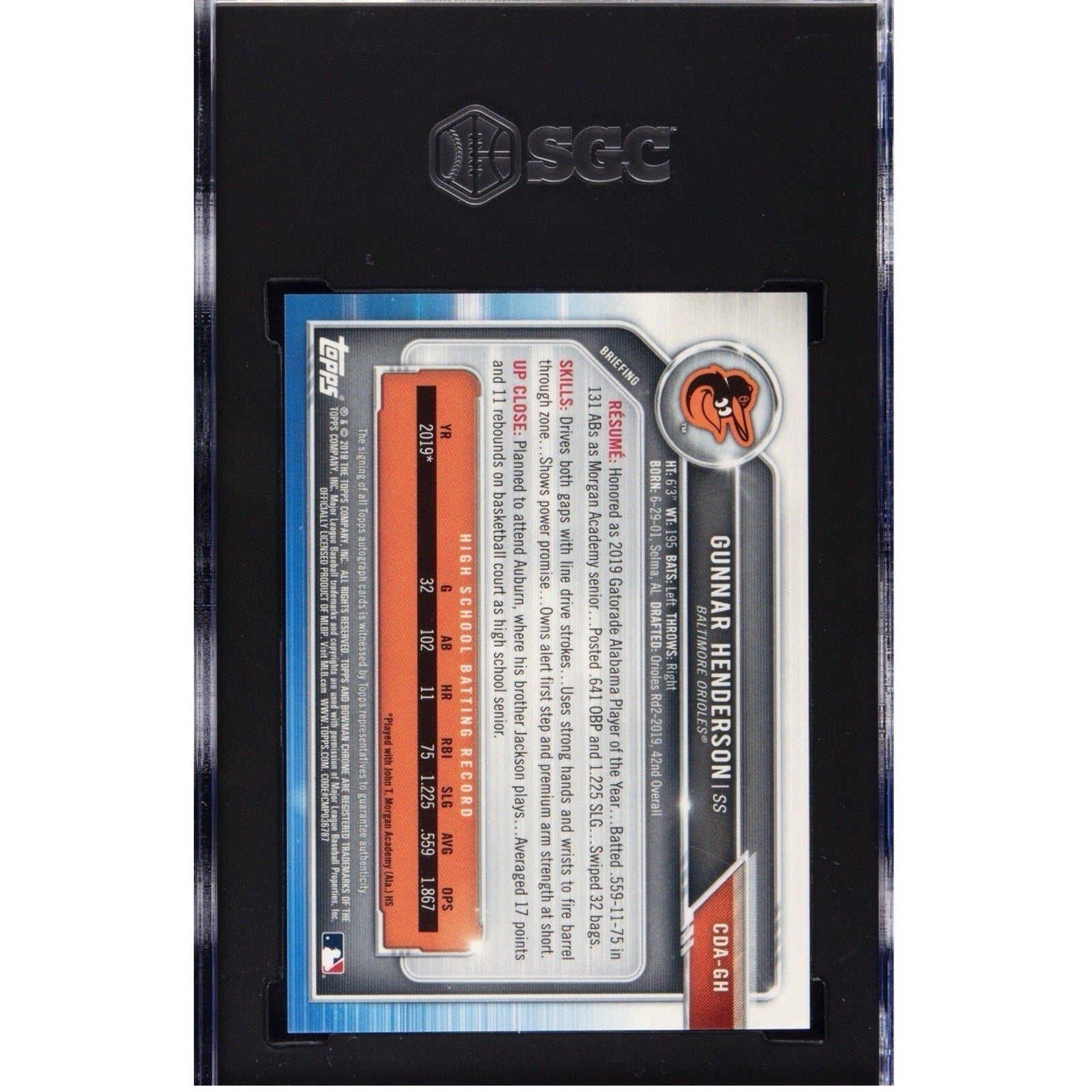 2019 Bowman Draft Chrome 1st Rookie SGC 10 GUNNAR HENDERSON AUTO 1st RC #CDA-GH