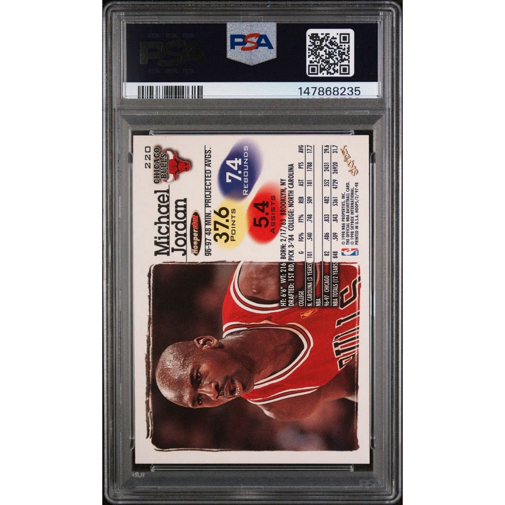 Back of 1997 Hoops #220 Michael Jordan basketball card authenticated and graded PSA 7