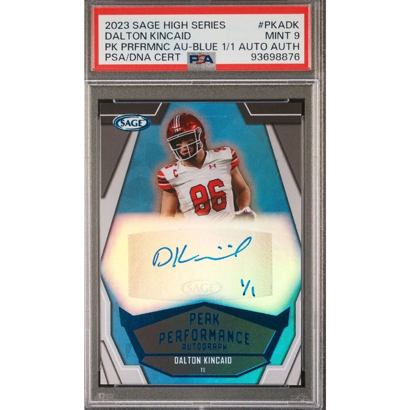 2023 Sage High Series Peak Performance Dalton Kincaid Auto 1/1 Blue PSA 9 Bills