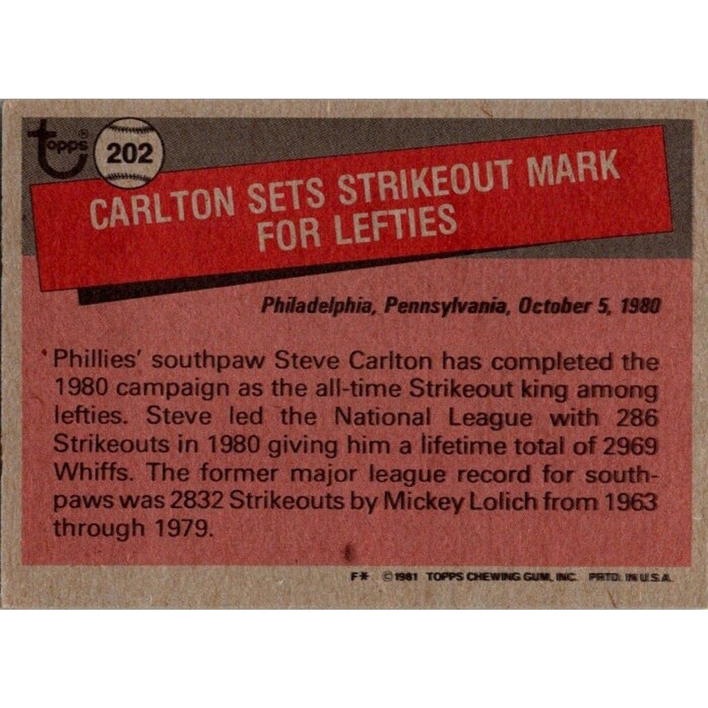 1981 Topps Steve Carlton Baseball Card #202 NM-Mint