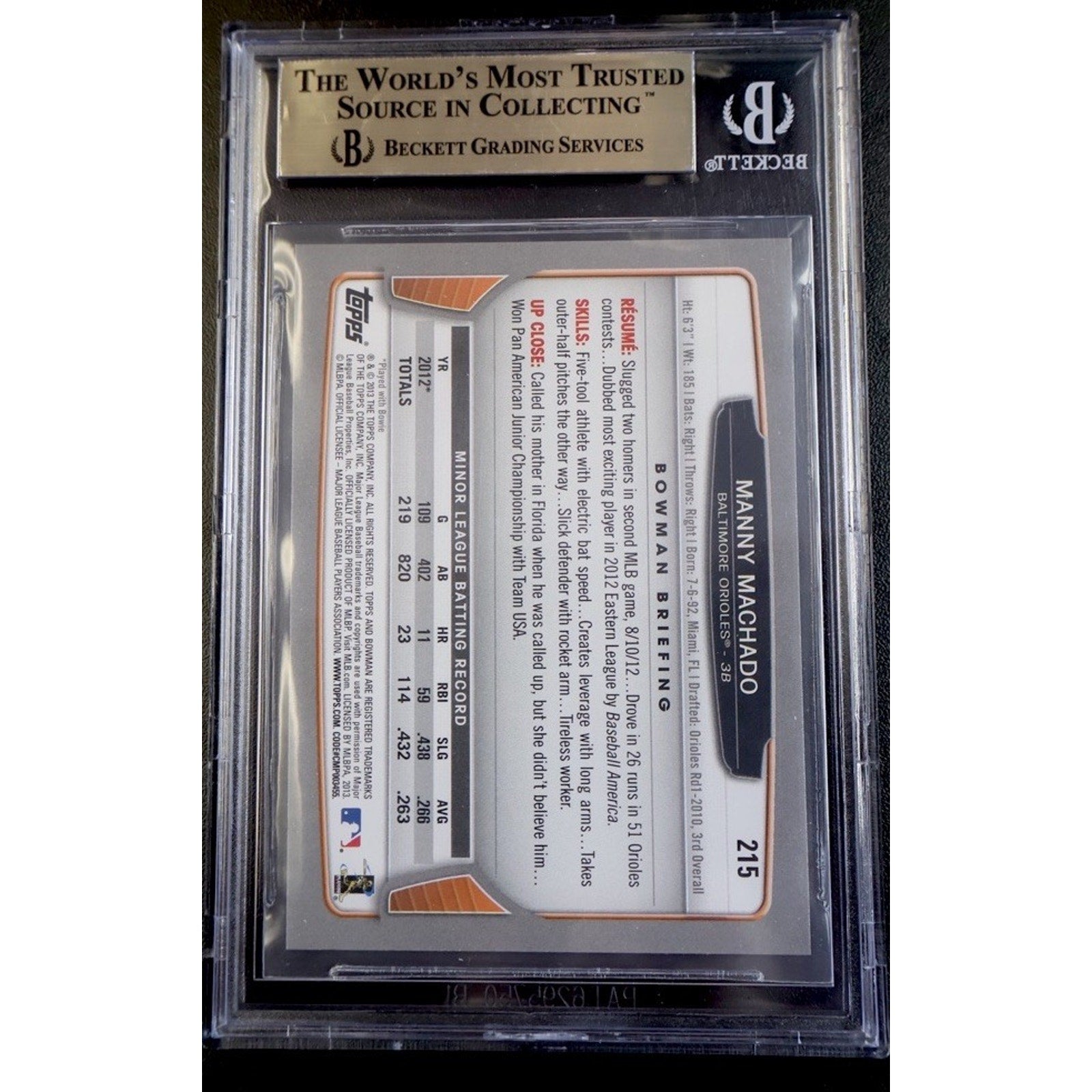 MANNY MACHADO 2013 Bowman #215 RC BGS 9.5 TRUE GEM MINT ROOKIE Baltimore Orioles