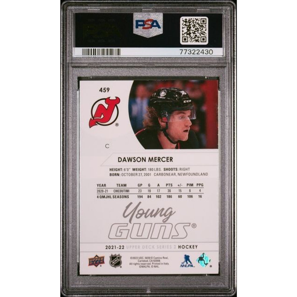 Dawson Mercer 2021 Upper Deck Series 2 Young Guns #459 PSA 8