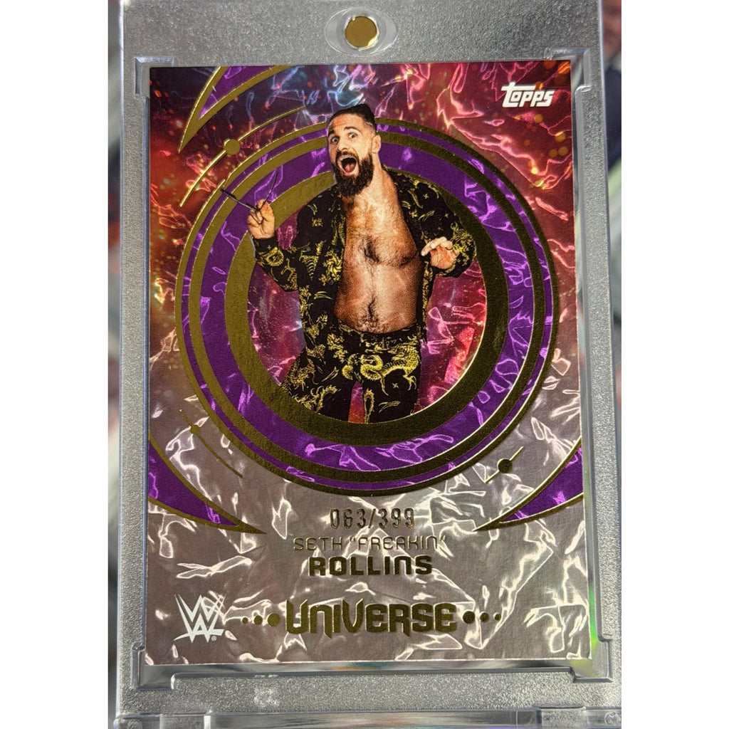 2025 Topps WWE Universe #12 Seth Freakin Rollins Purple Glass parallel numbered 63 of 399 in magnetic one-touch holder