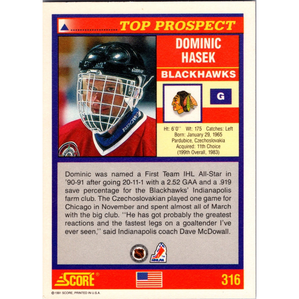Dominik Hasek Score 1991 Rookie Top Prospect #316 NM+ RC Misspelled Name