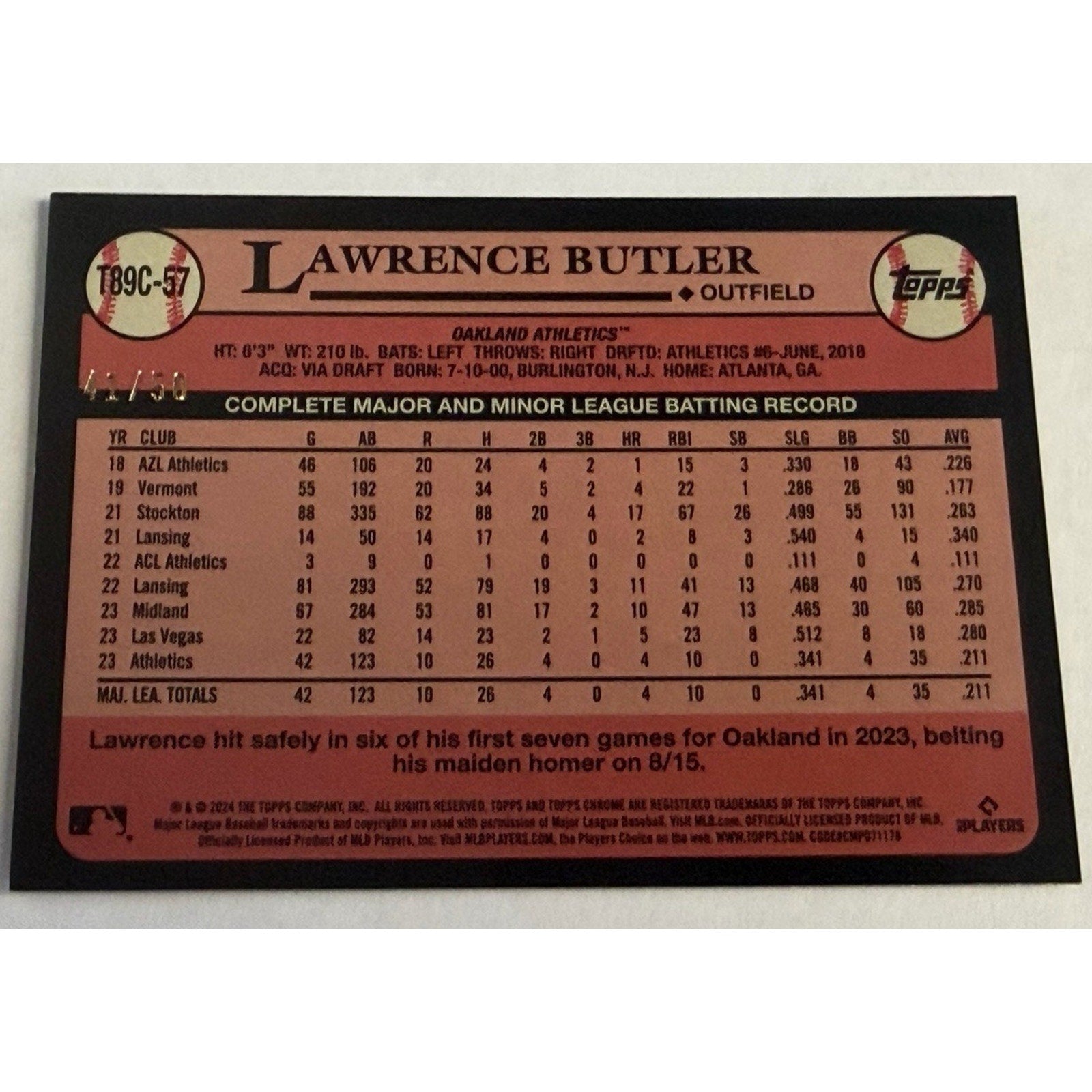 2024 Lawrence Butler Topps Series 1 Gold Mojo /50 #T89C-57 Rookie