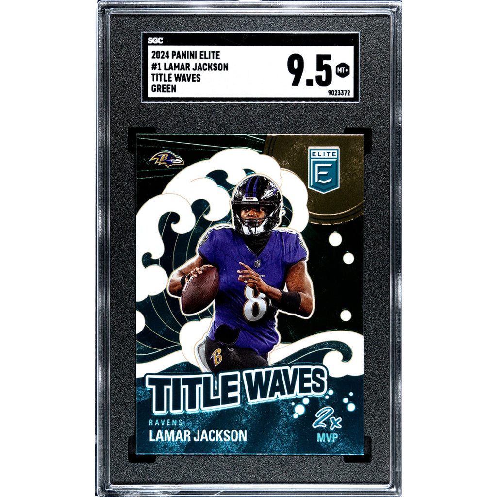 Lamar Jackson 2024 Panini Elite Title Waves Green #1 SGC Graded 9.5 MT+